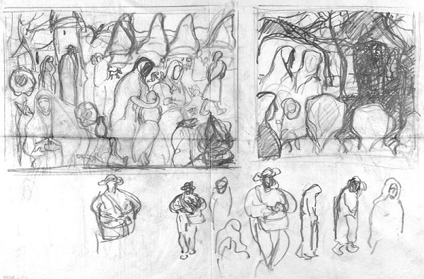 Zolo Palugyay – Two Drawing Studies. Eight Figural Studies at the Bottom