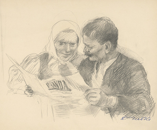 Ľudovít Ilečko – Muž a žena čítajú noviny "Pravda