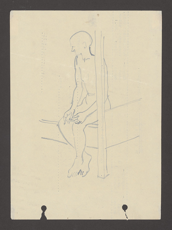 Jozef Fedora – Vychudnutý nahý muž, sediaci na drevenej posteli v cele koncentračného tábora 