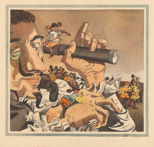 Vincent Hložník – Gulliver odpočíva na ruke obra držiaceho ďalekohlad 