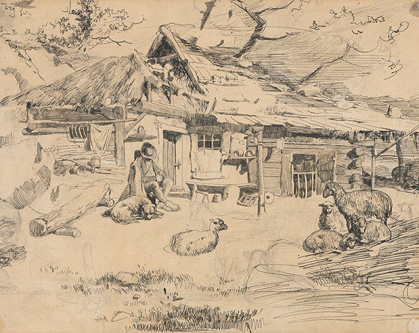 František Zvěřina – The Chief Shepherd Sitting in front of a Wooden Hut