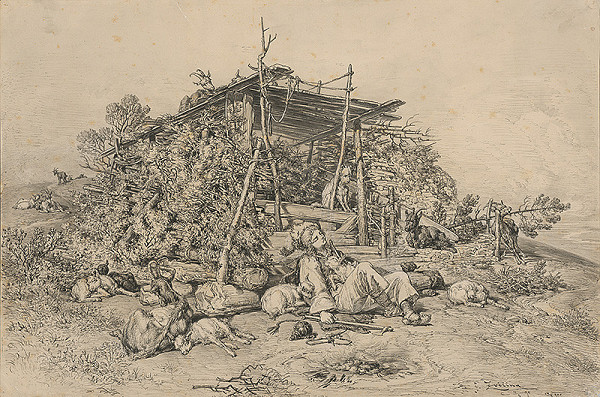 František Zvěřina – Spiaci pastierik pred kolibou