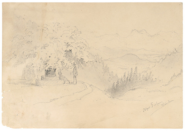 Friedrich Carl von Scheidlin – Náčrt horskej krajiny so stromom a dvomi figúrami v popredí