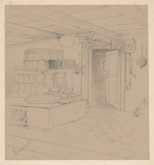 Friedrich Carl von Scheidlin – Štúdia interiéru chalupy s pecou