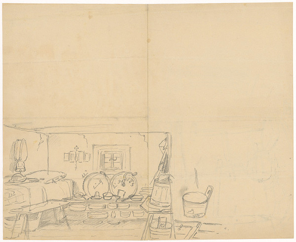 Friedrich Carl von Scheidlin – Štúdia dedinského interiéru so stáčacími súdkami a rôznymi nádobami v poličke 