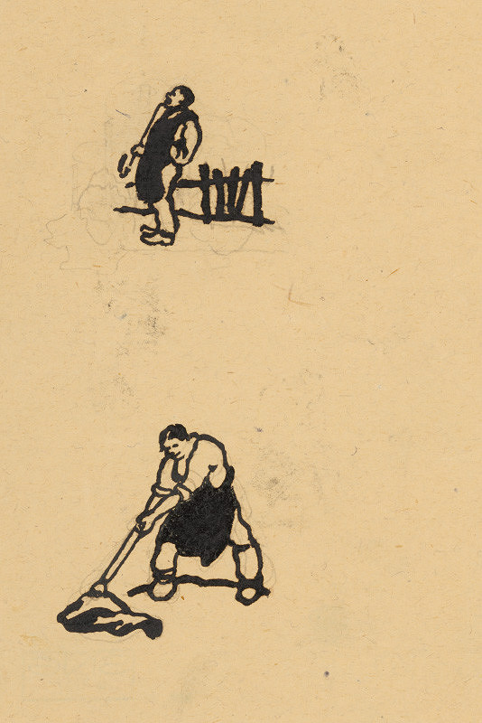 Janko Alexy – Náčrtok fajčiaceho muža pri plote a ženy umývajúcej dlážku