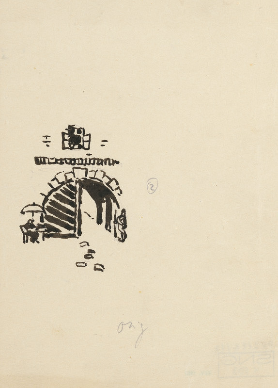 Janko Alexy – Sketch of a Underpass with a Figure of a Soldier on Guard and a Seated Figure under an Umbrella 