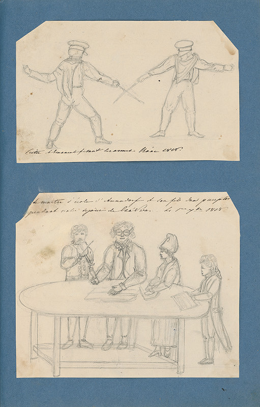 Stredoeurópsky maliar z 19. storočia – Šermiari. Otec so synmi za stolom a huslista 