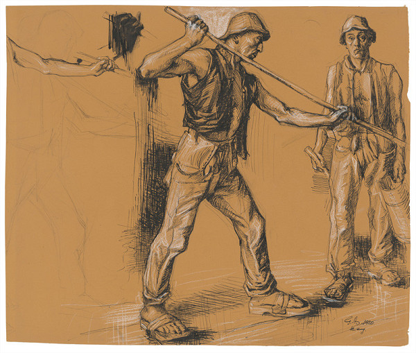 Gejza Angyal – Štúdia postáv k leptu Vymývanie zlata 