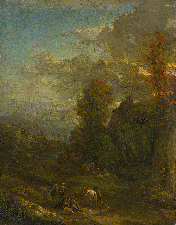 Cornelis Huysmans – Podvečerná krajina so skupinou pocestných