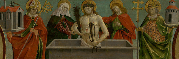 Neznámy spišský maliar – Imago Pietatis (Man of Sorrows) between Madonna in Sorrow, Saint John the Baptist, Saint Wolfgang and Saint Boniface