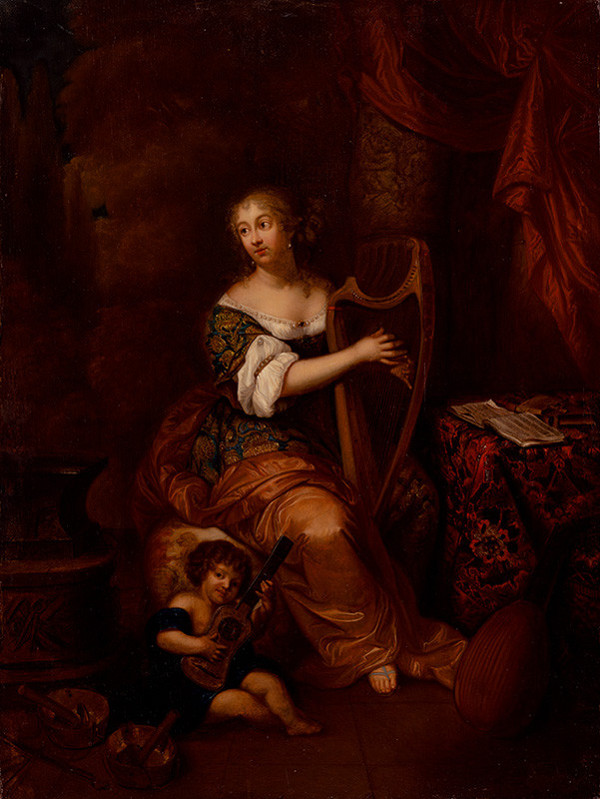 Caspar Netscher – Madam de Montespan hrajúca na harfe