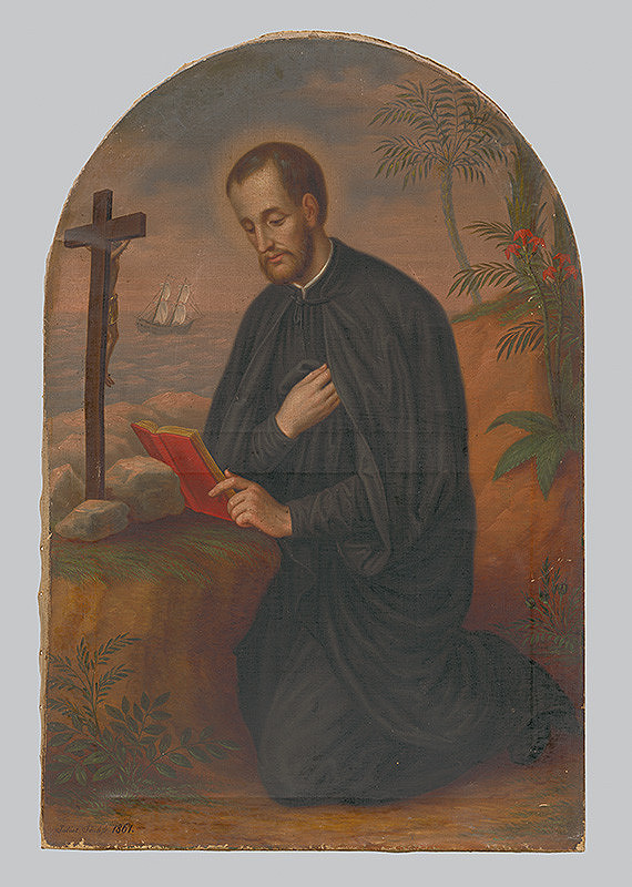 Július Jonáš – Modliaci sa kňaz sv. František Xaverský na ostrove Sancian pri kríži