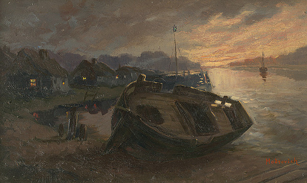 Gabriel Modrovich – Evening Landscape with a Barge on the Shore of the Danube