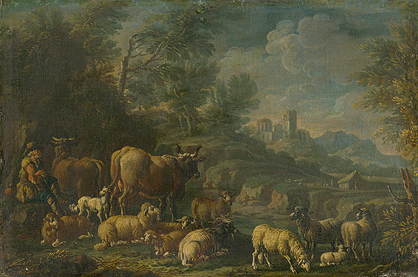 Taliansky maliar z okruhu Rosu da Tivoli – Herdsman with his Herd in Romantic Landscape