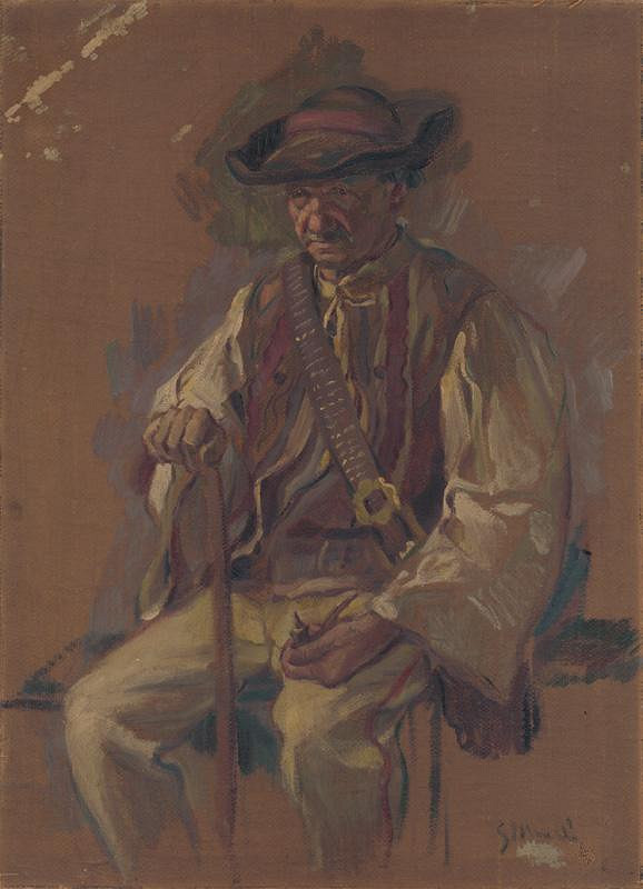 Gustáv Mallý – Portrét sediaceho muža v kroji