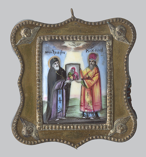 Ruský emailér – miniaturista – Medailón Dvaja svätci s obrazom Bohorodičky - prívesok