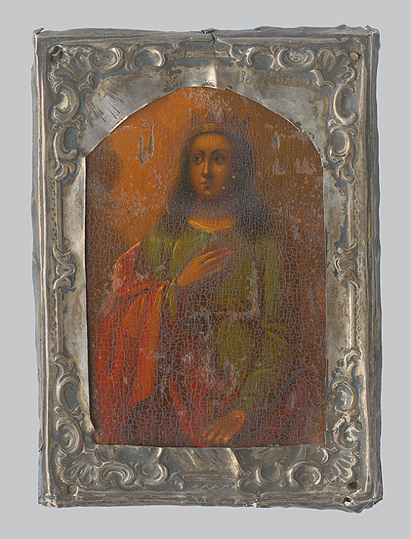 Ruský ikonový maliar – Svätica v striebornom kovovom pokrove 