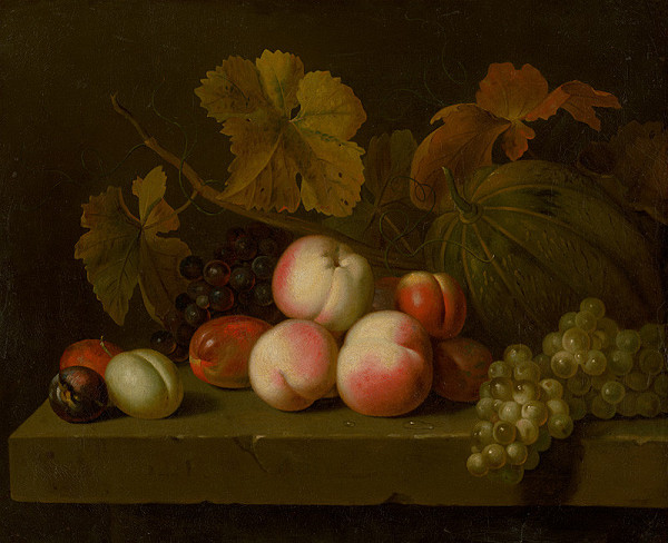 Jakub Bogdan – Still Life with Peaches, Grapes, Plums, and Melon