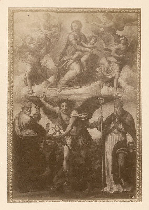 Neznámy autor – Reprodukcia maľby - Francesco Innocenzo. Archanjel Michal a Diabol, Sv. Peter a Pavol, Madona s dieťaťom na nebesiach