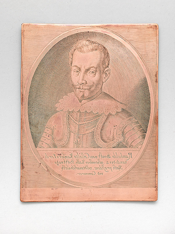 Neznámy flámsky rytec – Medená matrica v koženom rámiku - portrét grófa Rambalda de Collalto 