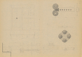 Viktor Holešťák-Holubár – Brána IV. OPS Nitra - objekt Domu ČSSP. D. Návrh - nárys brány, kovaná kľučka, drevená ozdobná ružica. M 1:10, 1:1 