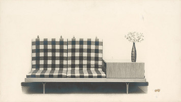 Viktor Holešťák-Holubár – Nábytok na sedenie a ležanie pre n. p. Nový domov Spišská Nová Ves. Trojdielna pohovka so zaklopeným bočným dielom. 