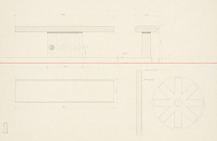 Viktor Holešťák-Holubár – Sobášna sieň MNV Kolárovo. Návrh interiéru. 1. Obradný stôl - pohľad, detaily, ružica.  