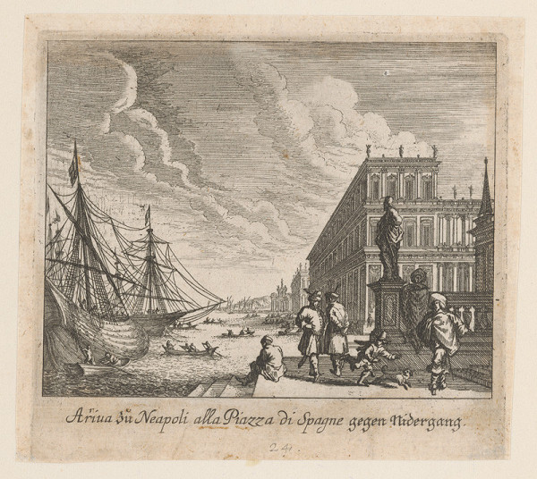 Nemecký grafik zo začiatku 18. storočia – Príchod do Neapola k námestiu di Spagne počas odlivu