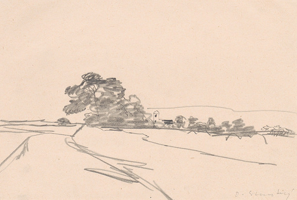 Oldřich Smutný – Štúdia krajiny s kostolnou vežou 