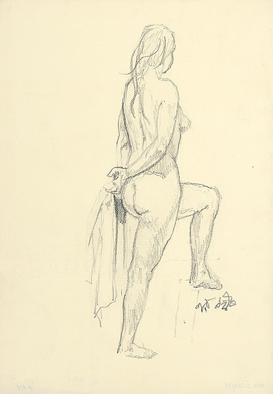 Jaroslav Vodrážka – Ženský akt s ľavou nohou opretou o stupeň 