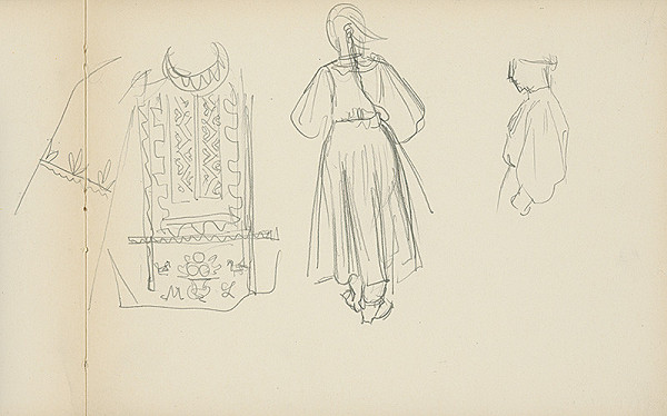 Jaroslav Vodrážka – Náčrt vyšívanej košele, ženskej postavy zo zadu a poprsia z profilu 