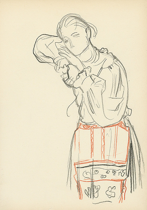 Jaroslav Vodrážka – Stojaca opierajúca sa dievčina v ľudovom odeve 