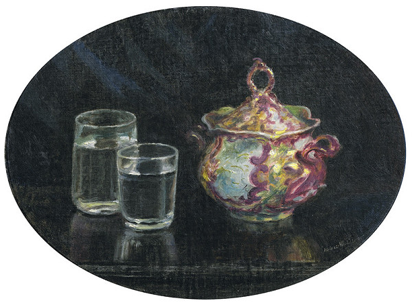 Elemír Halász-Hradil – Zátišie s pohármi a porcelánovou cukorničkou 