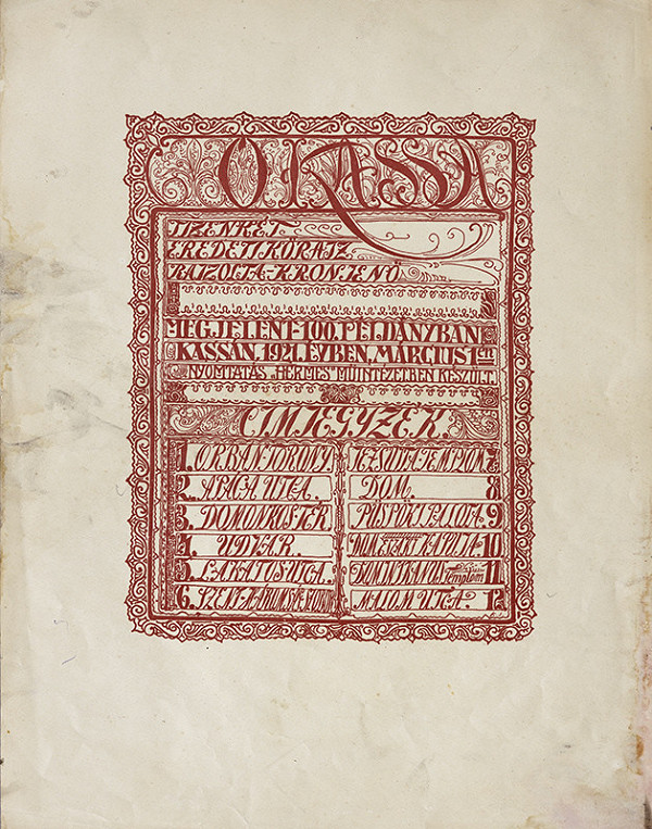 Eugen Krón – Úvodná strana cyklu Zo starých Košíc so zoznamom diel a údajmi o vydaní 12 litografií