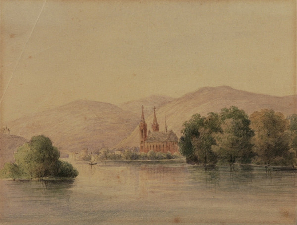 Zigmund Bubics – Jazero s kostolom v pozadí (Traunsee v severovýchodnom Rakúsku)