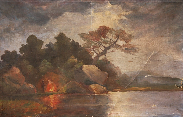 Maďarský maliar z 1. polovice 20. storočia – Krajina s vodou a ohníkom