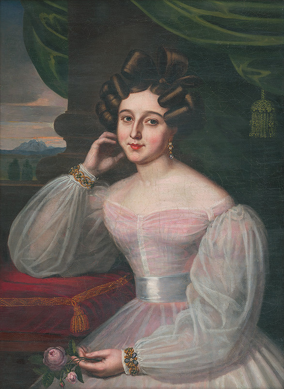 Ján Rombauer – Podobizeň dámy mladej v ružovkastých šatách s ružou 