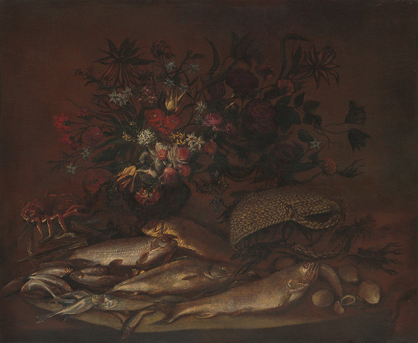Stredoeurópsky maliar z 2. polovice 19. storočia – Zátišie s kvetmi a rybami 