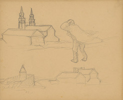 Július Koreszka – Náčrt kostolnej architektúry s postavou muža v popredí 