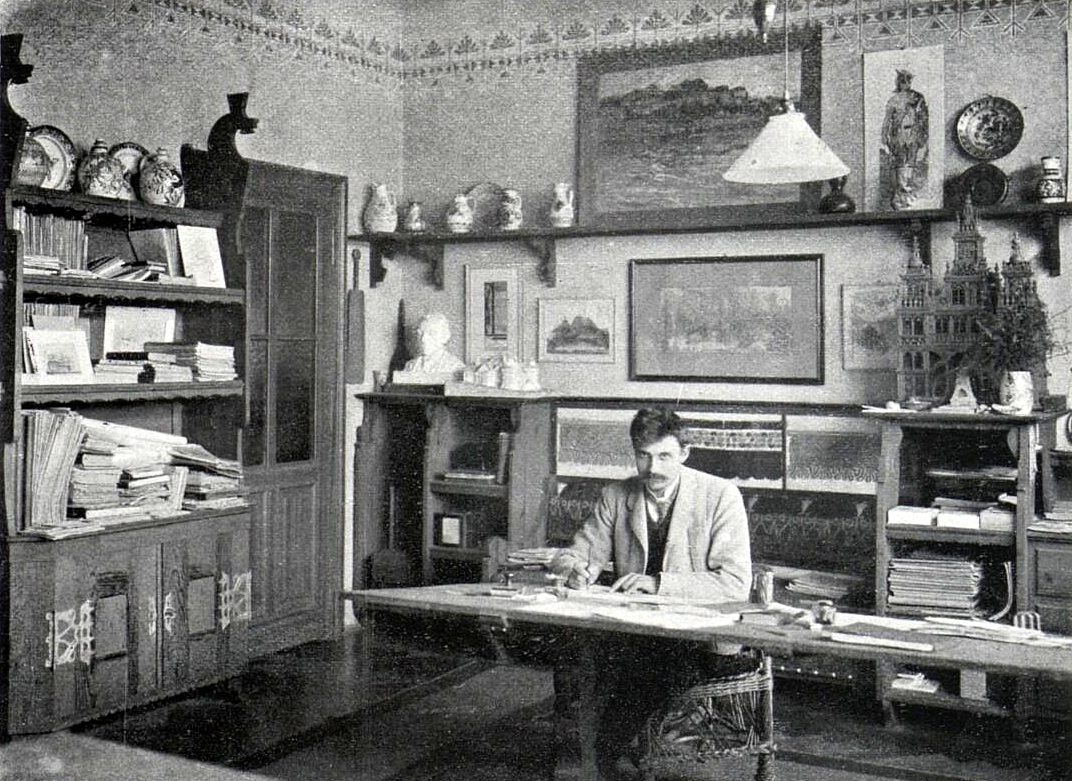 Dušan Jurkovič vo svojej pracovni, fotografia z časopisu Český svet, roč. 2, č. 2 str. 48, 1905